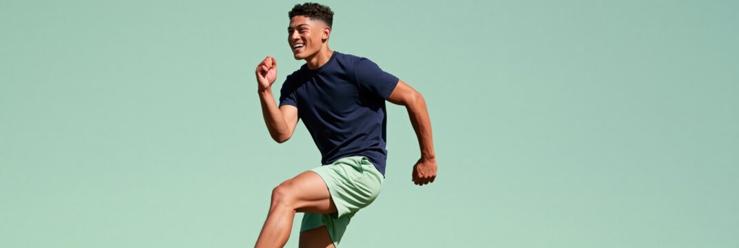 Smiling athlete jumping with joyful expression against mint green background for fitness poster banner and active lifestyle advertising