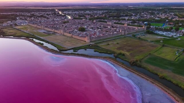 Aerial drone view of pink lakes salt marshes, salt mining medieval town of Aigues-Morte, Camargue, France. High quality 4k footage