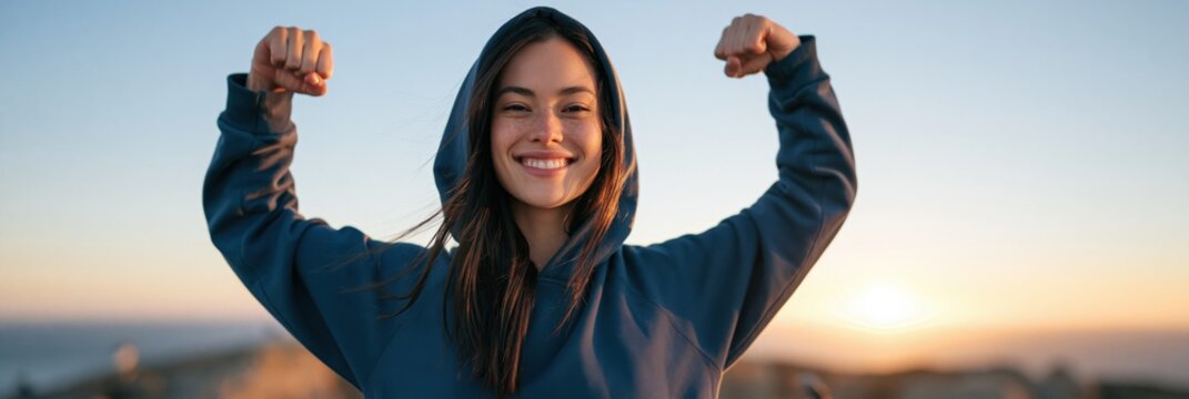 Smiling young woman flexing arms at sunset coastal background for empowerment banner and lifestyle wallpaper