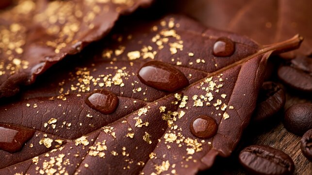 Close-up of rich brown leaves adorned with raindrops and scattered coffee beans, creating a warm, earthy aesthetic.