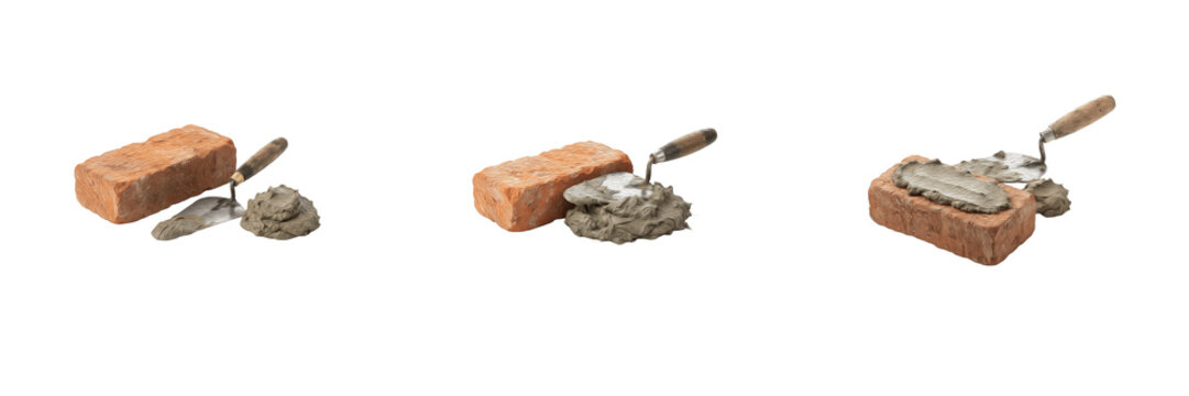 Bricklaying trowel spreading mortar on a red clay brick isolated on white background, construction masonry work tools and building process, transparent PNG graphic design asset