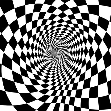 Black and white checkered spiral vortex vector pattern with optical illusion effect for psychedelic art, t-shirt prints, laser cut designs, and abstract hypnotic digital backgrounds