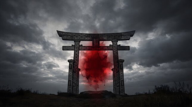 Mysterious Japanese Torii Gate with Glowing Red Portal.