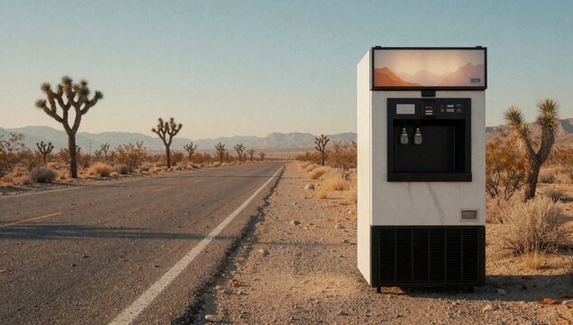 White vending machine side long empty road desert located right joshua tree left mountains background sky clea