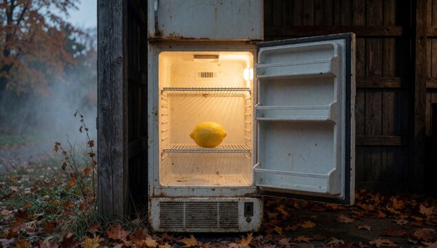 Old rusted refrigerator door open located outdoor setting wooden fence trees background revealing interior fri
