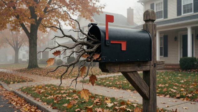 Black mailbox red letterbox attached wooden post covered fallen leaves indicating fall season located sidewalk