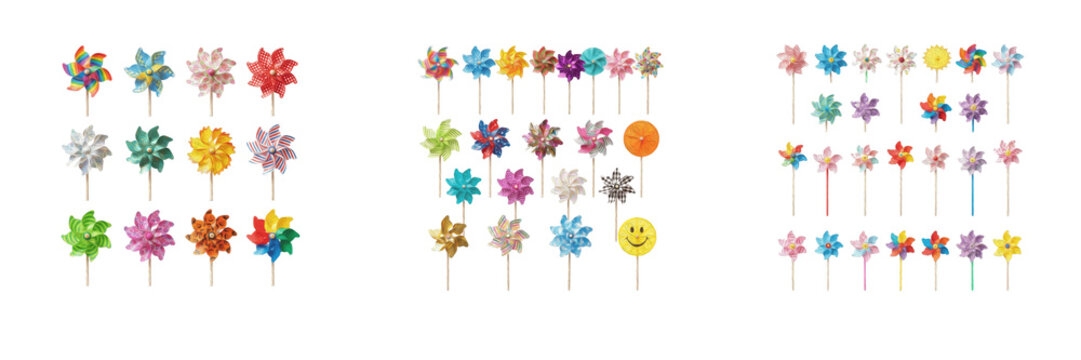 Colorful paper pinwheels or windmills toys set arranged on white background, children playground and party decoration elements, bright pinwheel spinner symbols, transparent PNG graphic design asset