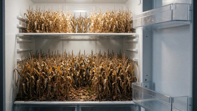 Inside open refrigerator door there rows dried corn stalks arranged neat orderly manner golden brown color app