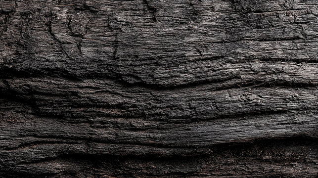 Dark burnt wood texture background featuring detailed charred charcoal patterns and deep cracks. Gritty black carbonized timber surface for abstract rustic backdrops and textured design overlays.
