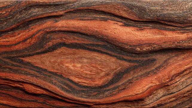 Luxury exotic wood grain texture background with rich reddish brown and black wavy patterns. High detailed polished burl wooden surface of mahogany or rosewood for premium design layouts.

