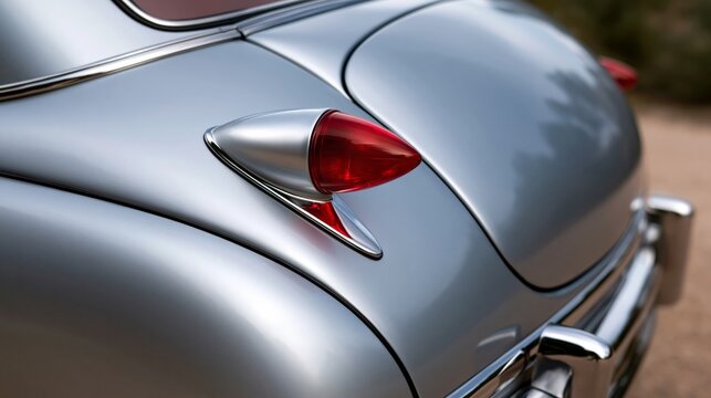 Detail of a classic vintage car's tail light with a sleek silver finish, showcasing timeless automotive design.