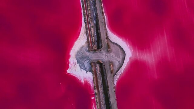 Aerial drone view of pink lakes salt marshes, salt mining medieval town of Aigues-Morte, Camargue, France. High quality 4k footage