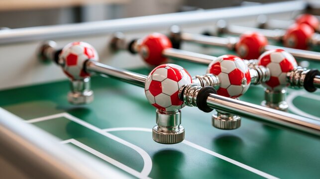Exciting close-up of a foosball table with vibrant players ready for an intense match of skill and strategy.