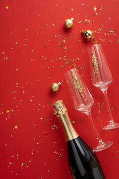 Golden champagne, flutes and ornaments with confetti for Happy New Year 2027 celebration on vertical red background