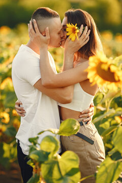 People spend time in a sunflowers field