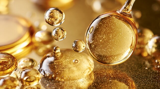 Glistening golden bubbles float above a reflective surface, creating an elegant and luxurious atmosphere.