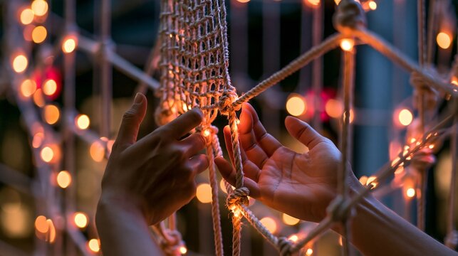 Hands weaving a decorative net, illuminated by warm, glowing lights, creating a cozy ambiance.