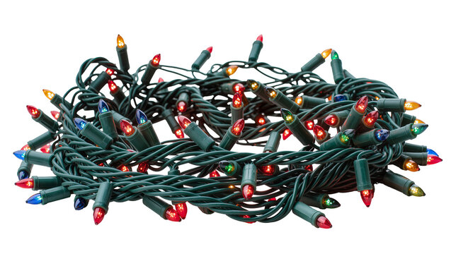 Tangled green wire string lights with multi-colored bulbs, isolated on transparent background