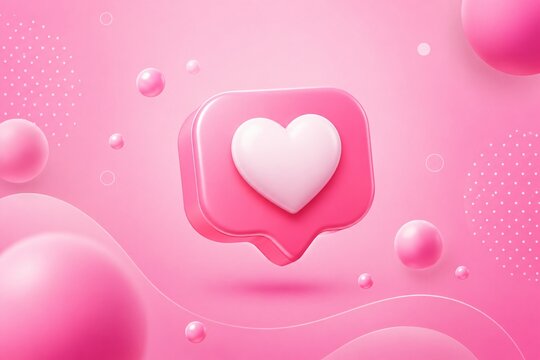 Pink 3D heart icon bubble symbol on a pink background with spheres
