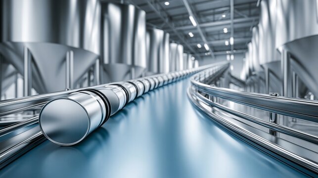 Modern industrial production line featuring metallic conveyors and storage tanks in a sleek, high-tech environment.