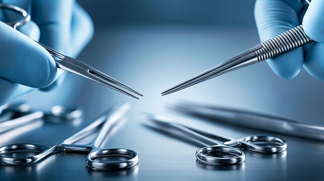 Precise surgical tools held by gloved hands, symbolizing advanced medical procedures and healthcare expertise.
