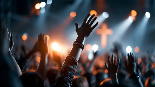 People raise their hands in worship at a vibrant religious event, illuminated by stage lights and a cross.