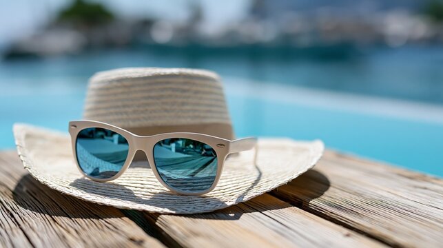 Stylish sunglasses on a straw hat, ideal for summer days by the pool or beach, evoking relaxation and vacation vibes.