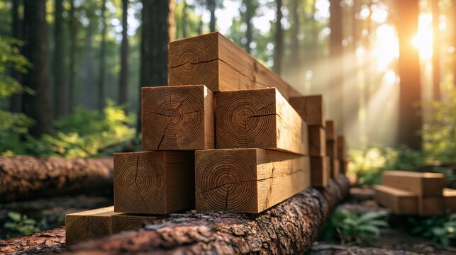 Sunlight filters through a forest highlighting stacked wooden logs, showcasing nature's beauty and timber resources.