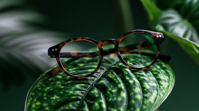 Stylish tortoiseshell glasses resting on a vibrant green leaf, blending nature with modern fashion aesthetics.