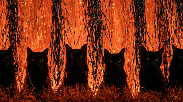 orange and black tinsel background with black cats, Halloween backgrounds, wallpaper