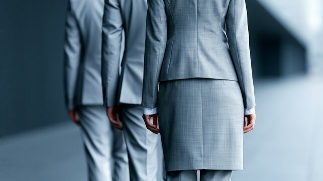 Three professionals in tailored suits walk together in a modern urban setting, embodying teamwork and ambition.