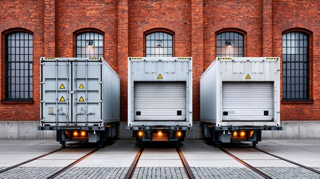 Three trucks parked in front of an industrial building, showcasing modern logistics and transport solutions.