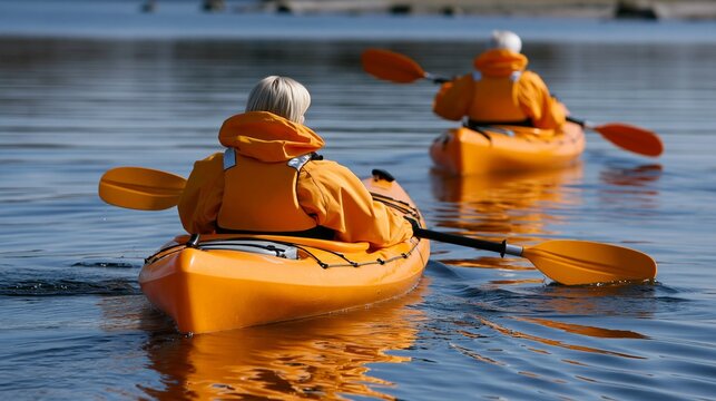Two kayakers in bright orange jackets enjoying a serene paddle on a calm lake under clear blue skies.