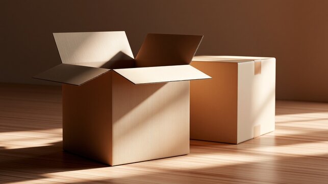 Two open cardboard boxes on wooden floor, illuminated by soft sunlight, representing storage and organization.