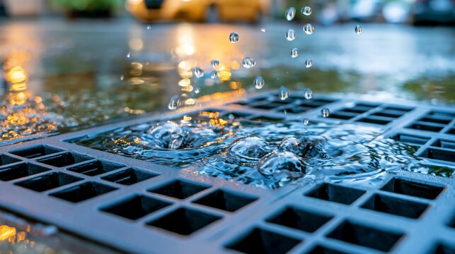 Water droplets splashing on a storm drain in a rain-soaked urban setting, highlighting the impact of rain on infrastructure.