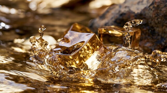 A beautiful close-up shot of splashing water over shimmering golden rocks, showcasing nature's stunning textures.