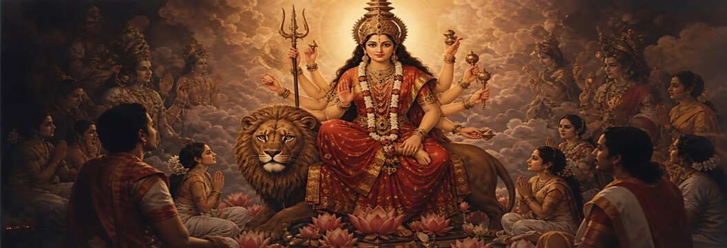 Goddess durga lion devotees divine spiritual painting photos