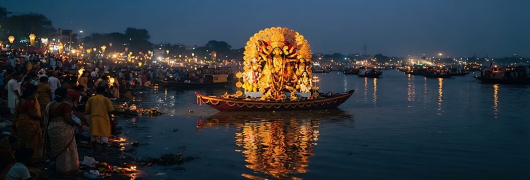 Illuminated idol immersion river ceremony traditional festival night images