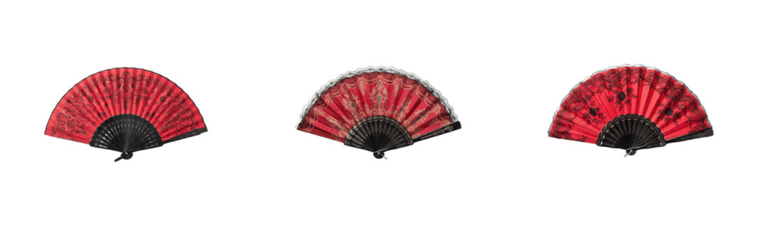 Red and Black Handheld Folding Hand Fans PNG Collection Isolated on Transparent Background, Traditional Spanish Flamenco Fan or Asian Cultural Accessorize for Dance, Summer Cooling, and Graphic Design