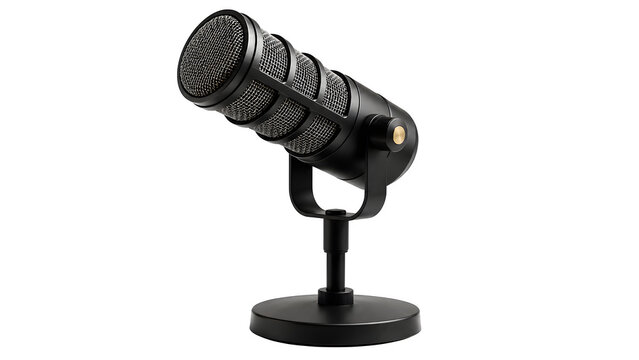 Professional black dynamic microphone on desk stand, podcasting studio equipment, broadcast vocal mic for streaming and recording isolated on White Background