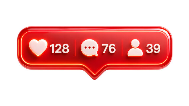 Glossy red social media notification bar, 3D heart likes and comment icons, digital engagement counter for marketing isolated on White Background
