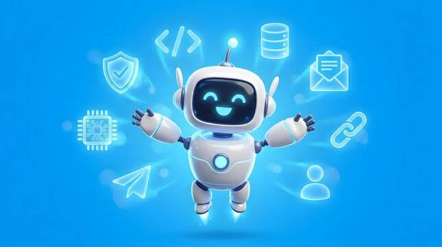  Friendly white and blue robot surrounded by glowing digital technology icons