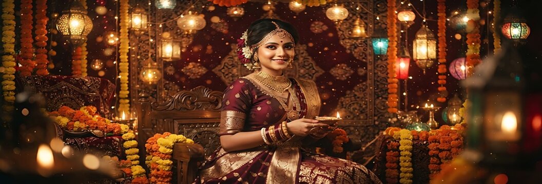 Indian woman saree diya lamp Diwali celebration HD images