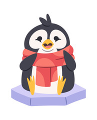 Obraz premium Penguin Wearing Scarf Sitting On Ice Cartoon