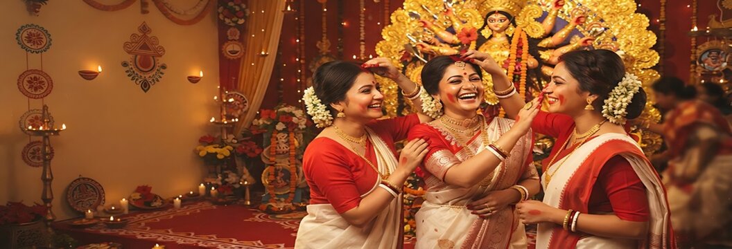 Indian women sarees vermilion ritual Durga Puja celebration HD images