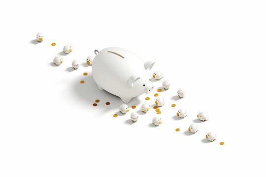 Isometric view of a piggy bank with tiny figures and golden coins around it, savings concept, 3D illustration