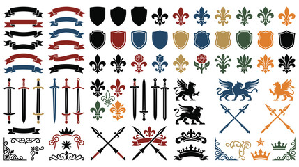 Heraldic elements set with royal crowns swords shields. © Amir