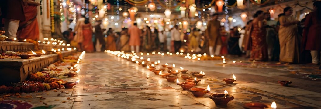Diwali celebration glowing oil lamps temple illustration images