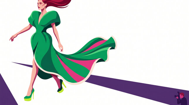 Elegant woman walking in a stylish green dress on a catwalk  