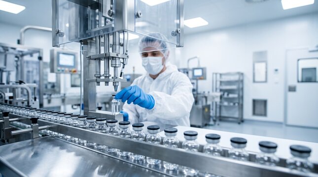 Sterile uniform worker operating conveyor belt with medical vials in pharmaceutical factory production line